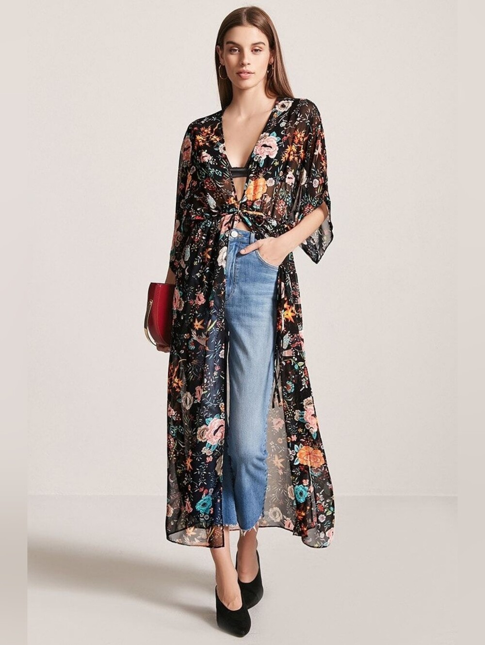 Liberty Love Boho Dark Floral Duster Kimono Cover Up Size L
